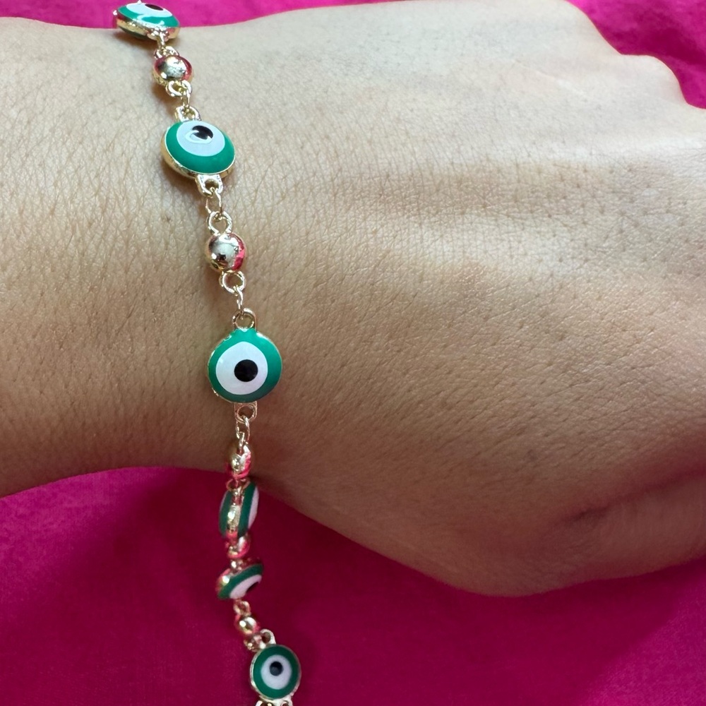 Gold-Tone Green Evil Eye Bracelet - Women Jewelry